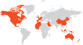 Graphische Darstellung der Weltkugel zur Unterstreichung der Regionen auf der ganzen Welt, in denen Vertreter von Duratherm ansässig sind.